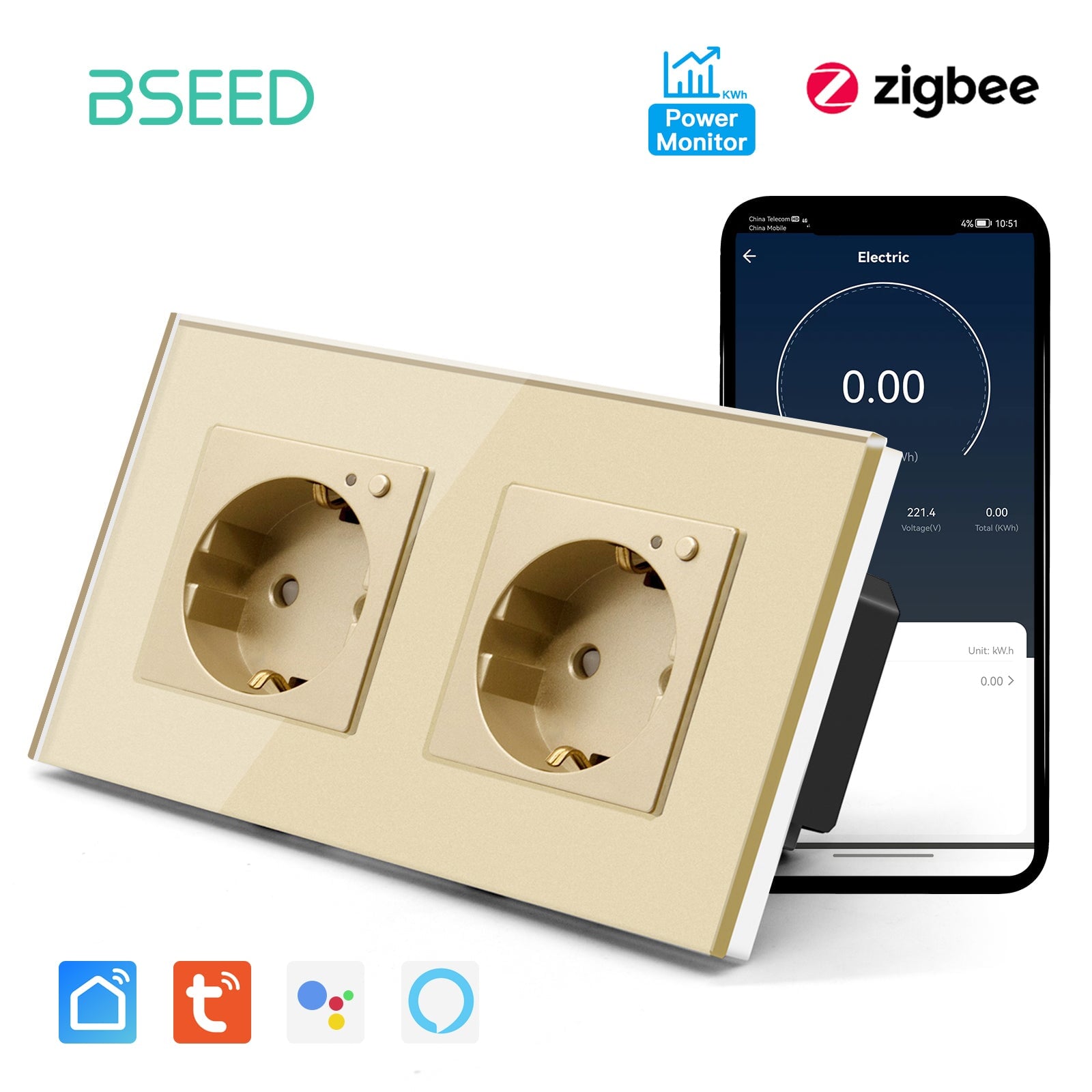 BSEED ZigBee EU Wall Sockets Power Outlets With Energy Monitoring Kids Protection Wall Plates & Covers Bseedswitch golden Double 