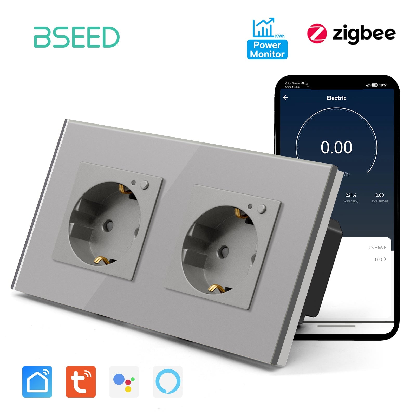 BSEED ZigBee EU Wall Sockets Power Outlets With Energy Monitoring Kids Protection Wall Plates & Covers Bseedswitch grey Double 