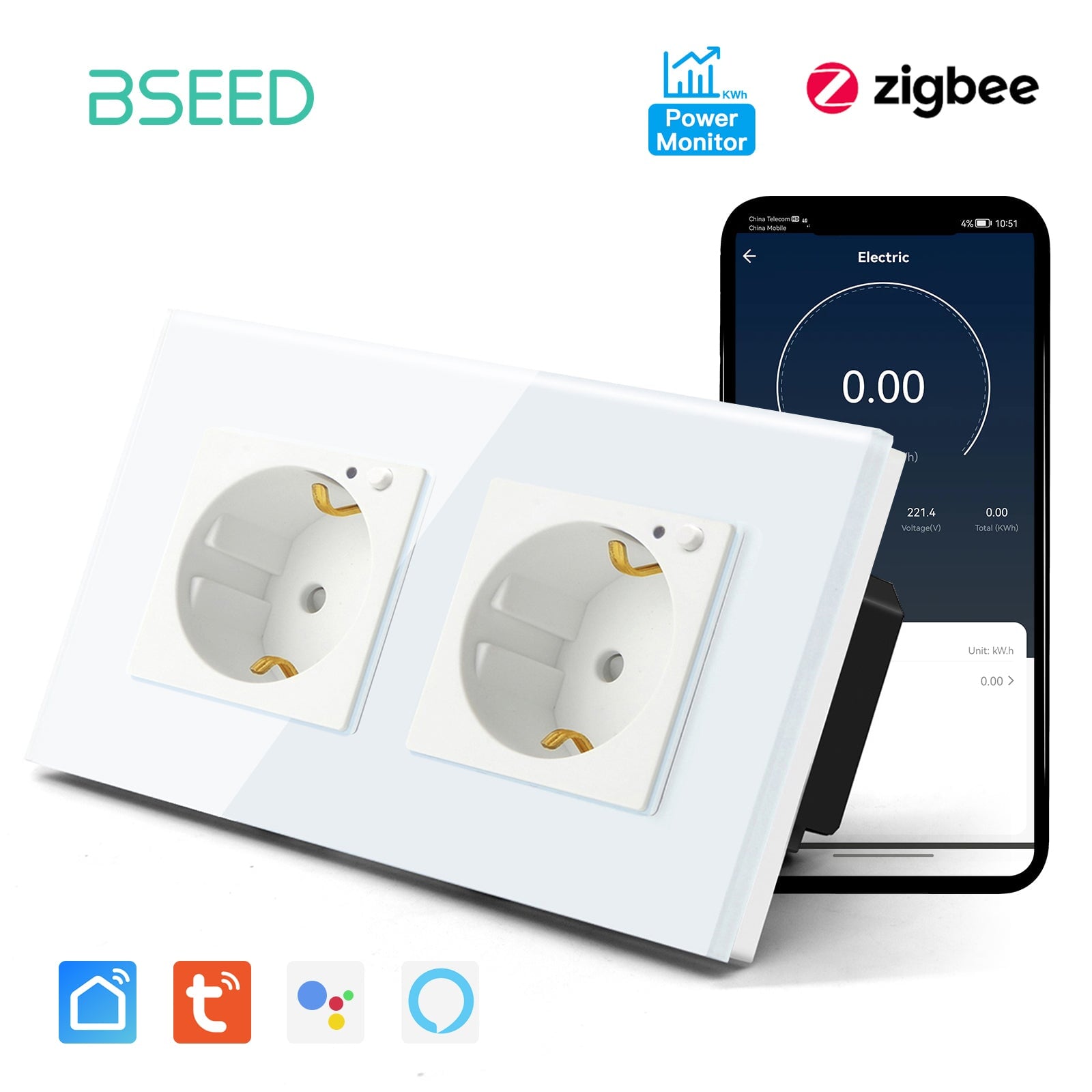 BSEED ZigBee EU Wall Sockets Power Outlets With Energy Monitoring Kids Protection Wall Plates & Covers Bseedswitch white Double 