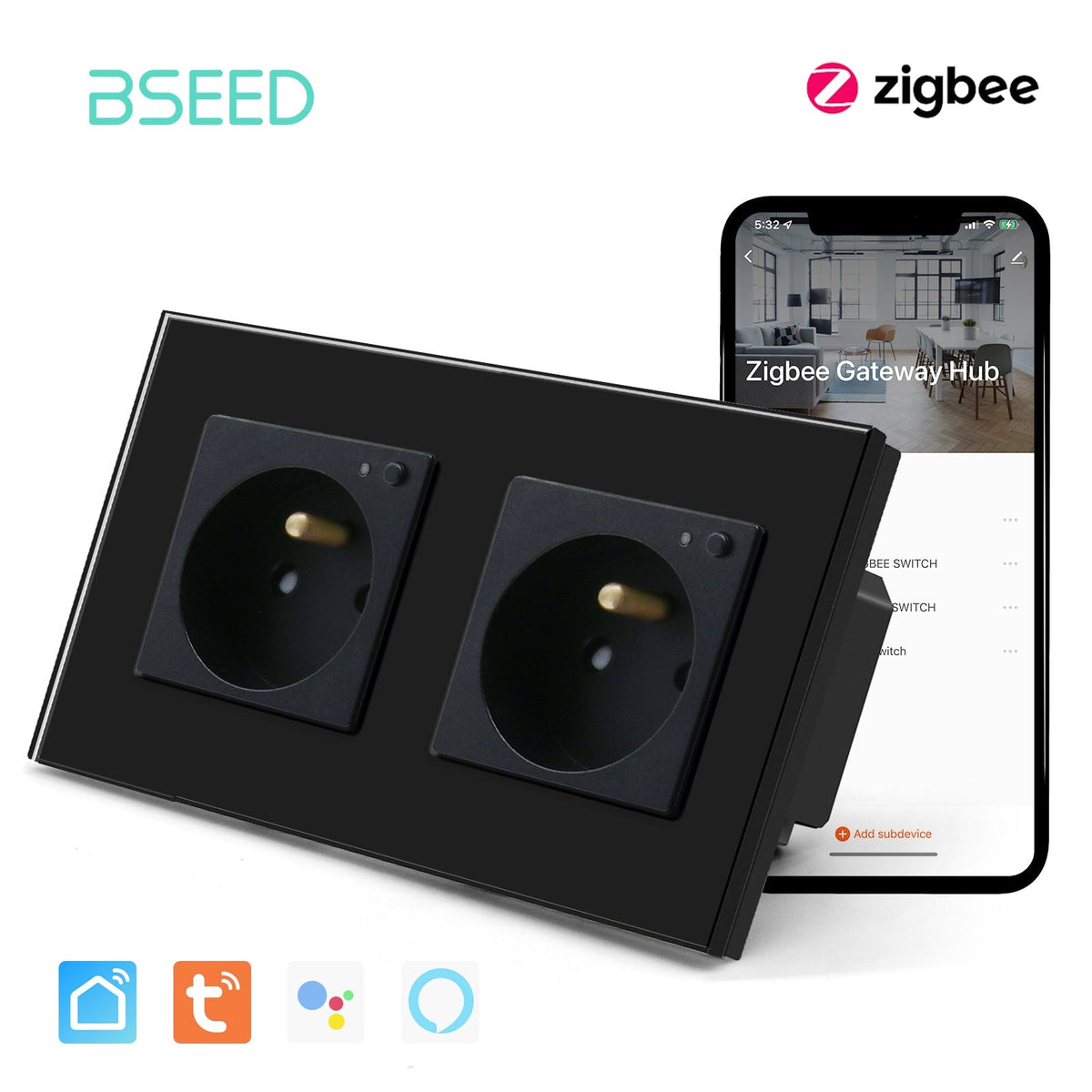 BSEED ZigBee FR Wall Sockets Power Outlets Kids Protection Wall Plates & Covers Bseedswitch black Double 