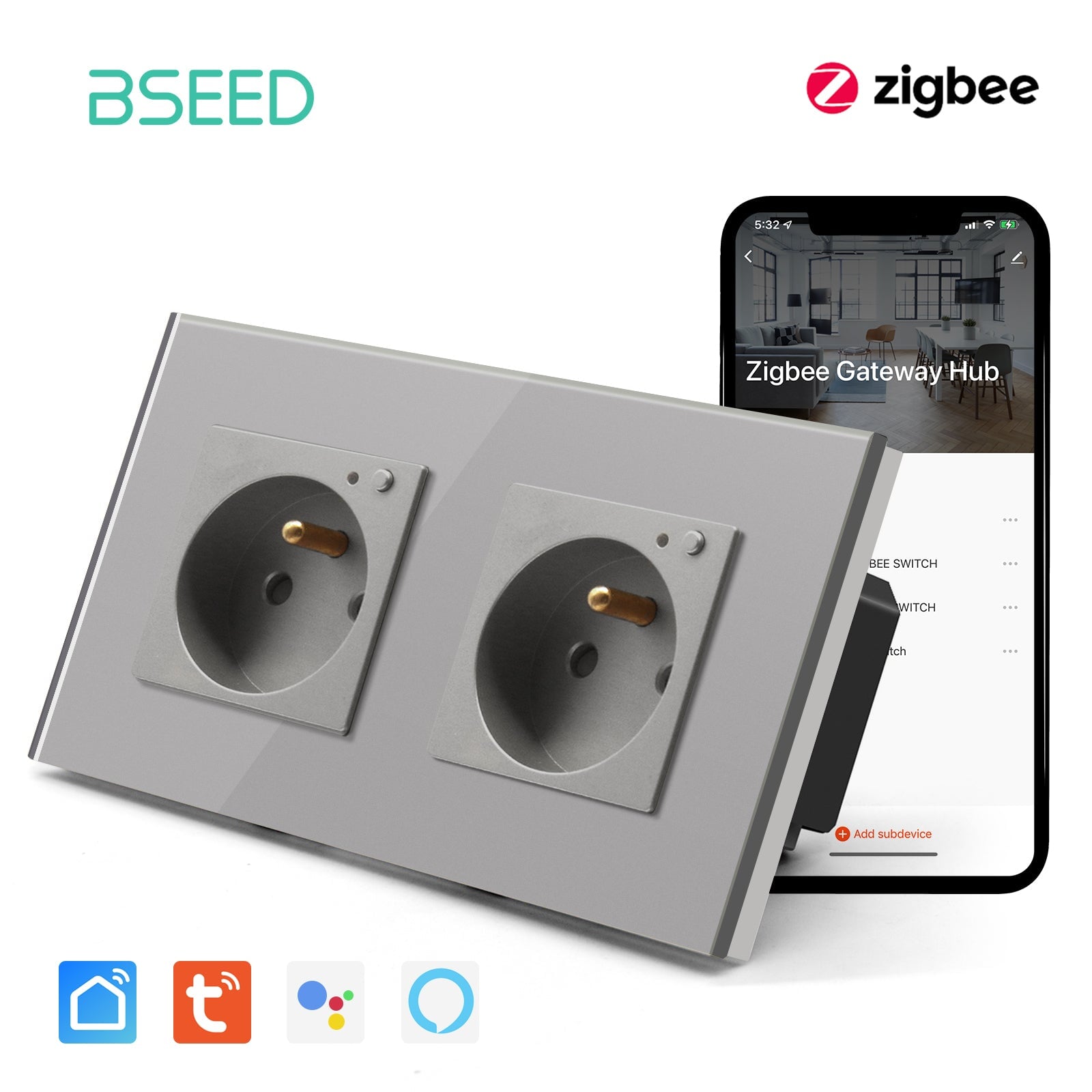 BSEED ZigBee FR Wall Sockets Power Outlets Kids Protection Wall Plates & Covers Bseedswitch grey Double 