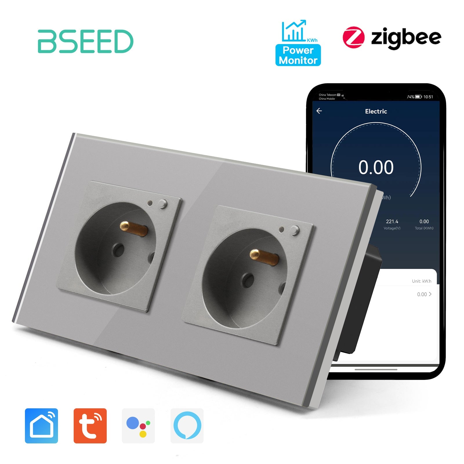 BSEED ZigBee FR Wall Sockets Power Outlets Kids Protection with metering Wall Plates & Covers Bseedswitch grey Double 