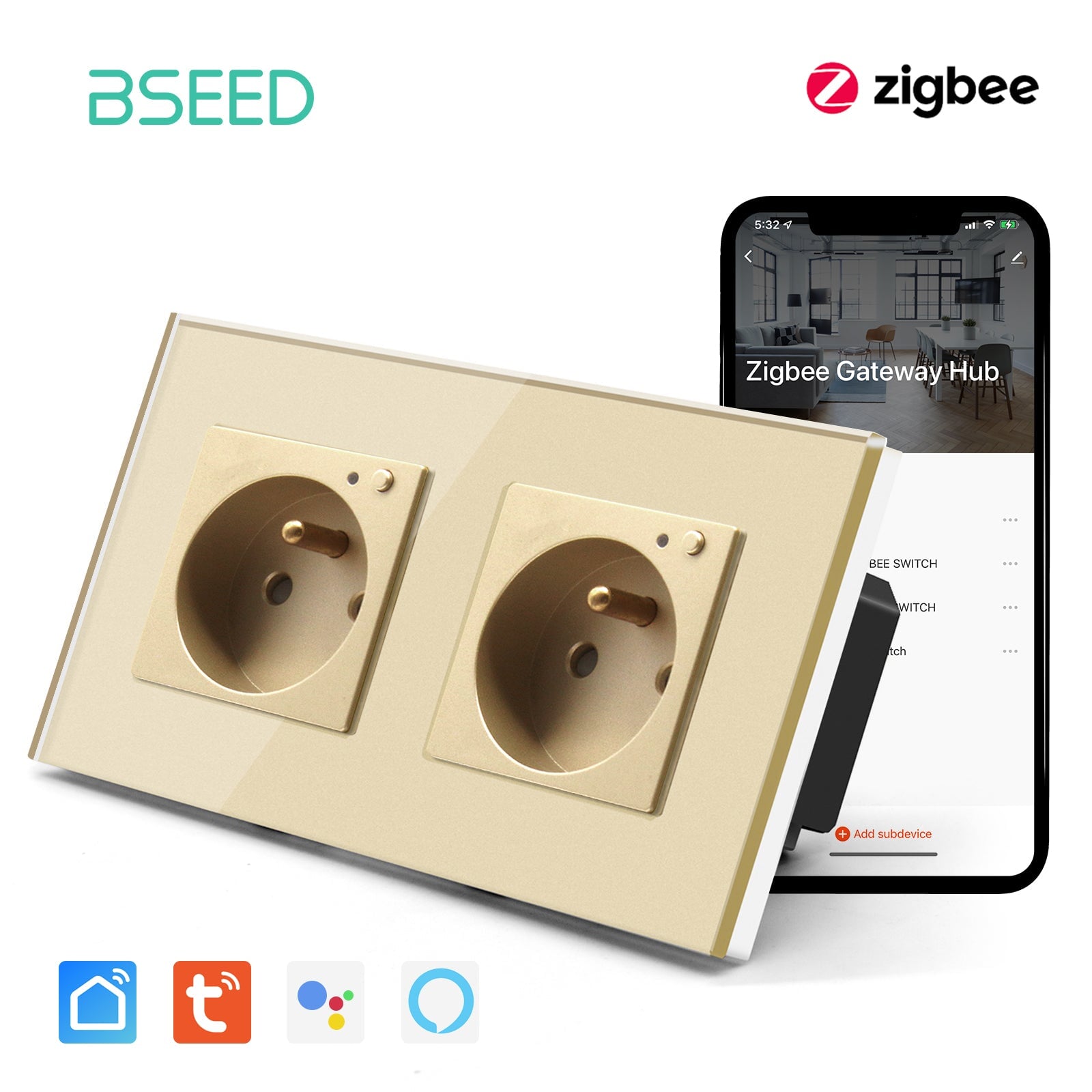 BSEED ZigBee FR Wall Sockets Power Outlets Kids Protection Wall Plates & Covers Bseedswitch golden Double 