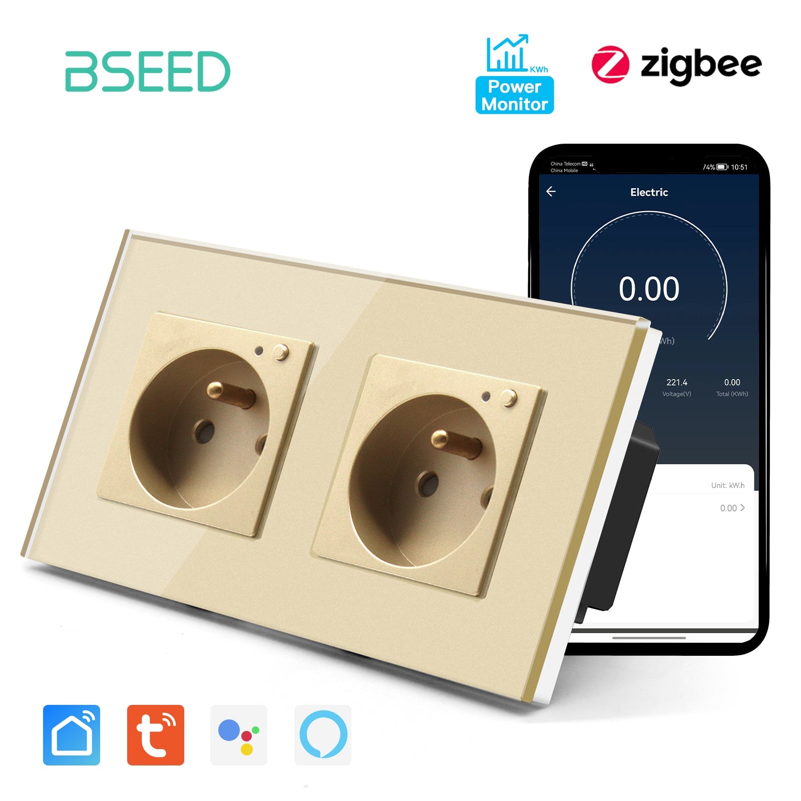 BSEED ZigBee FR Wall Sockets Power Outlets Kids Protection with metering Wall Plates & Covers Bseedswitch golden Double 