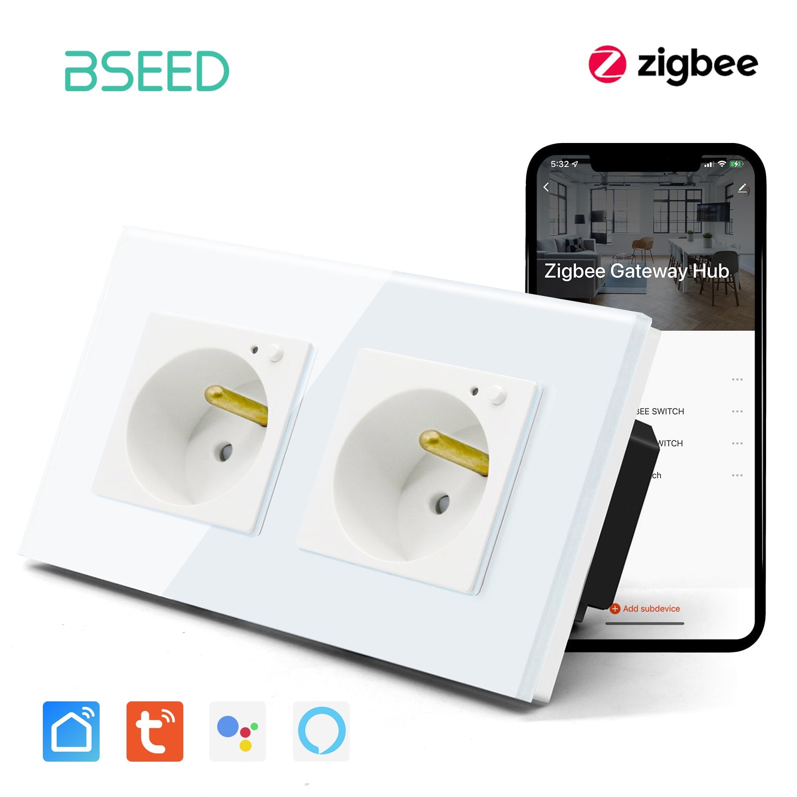 BSEED ZigBee FR Wall Sockets Power Outlets Kids Protection Wall Plates & Covers Bseedswitch white Double 