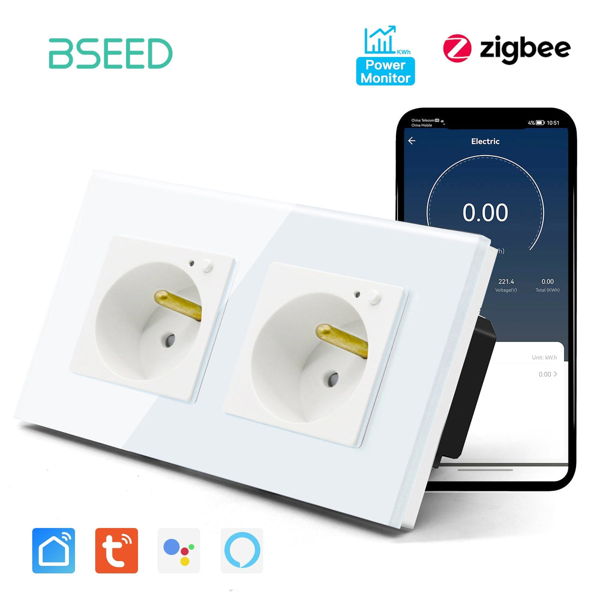 BSEED ZigBee FR Wall Sockets Power Outlets Kids Protection with metering Wall Plates & Covers Bseedswitch white Double 