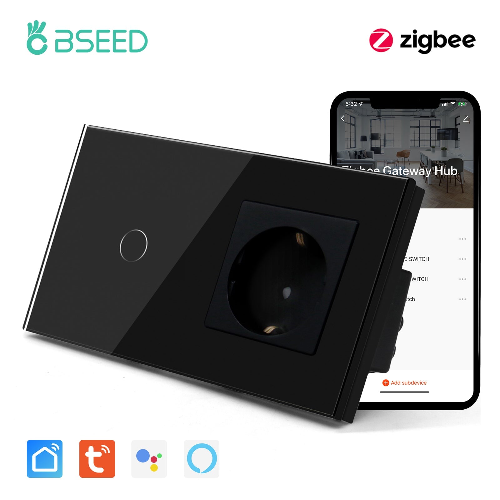 Bseed Zigbee 1/2/3 Gang Single Live Line Touch Switch EU Standard With Normal Socket Light Switches Bseedswitch Black 1Gang 