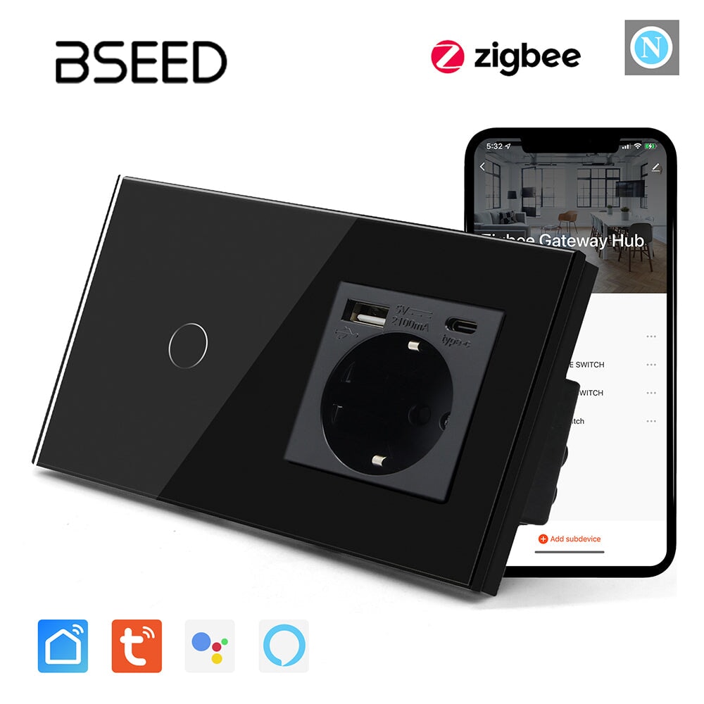 Bseed Zigbee 1/2/3 Light Switch 1/2/3 Way With EU Socket With USB and type-c Light Switches Bseedswitch Black 1 Gang 