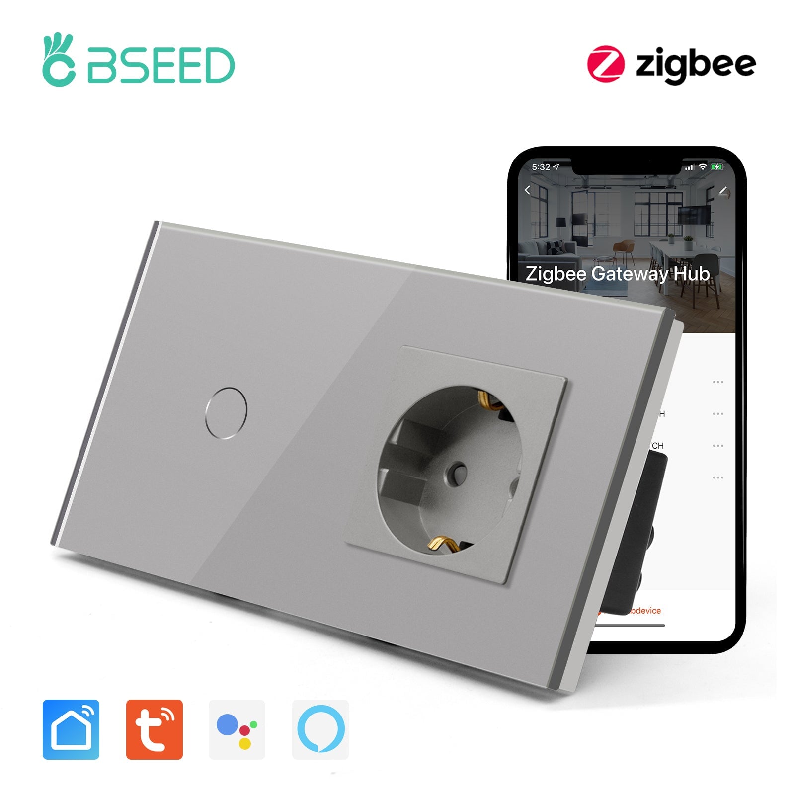 Bseed Zigbee 1/2/3 Gang Single Live Line Touch Switch EU Standard With Normal Socket Light Switches Bseedswitch Grey 1Gang 