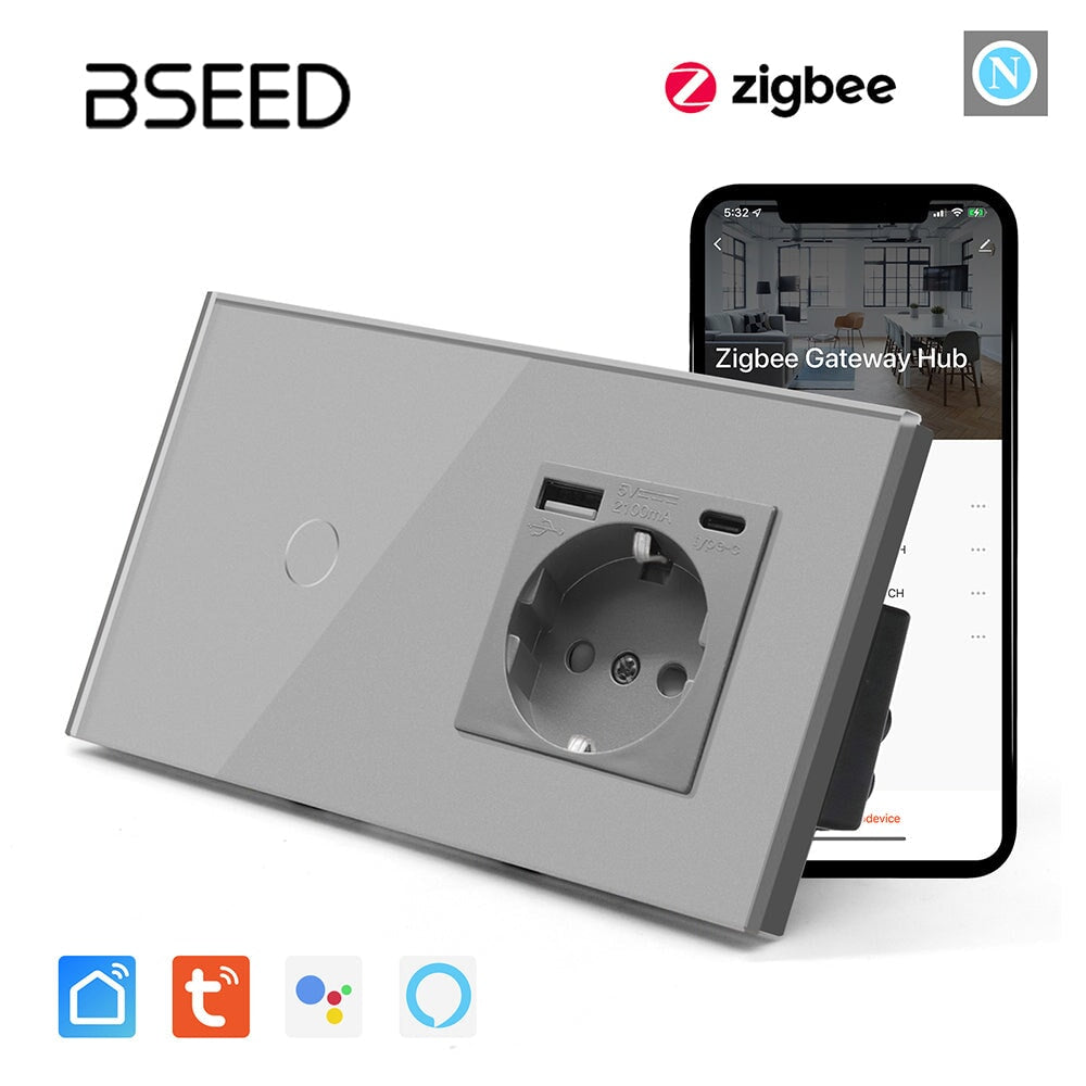 Bseed Zigbee 1/2/3 Light Switch 1/2/3 Way With EU Socket With USB and type-c Light Switches Bseedswitch Grey 1 Gang 