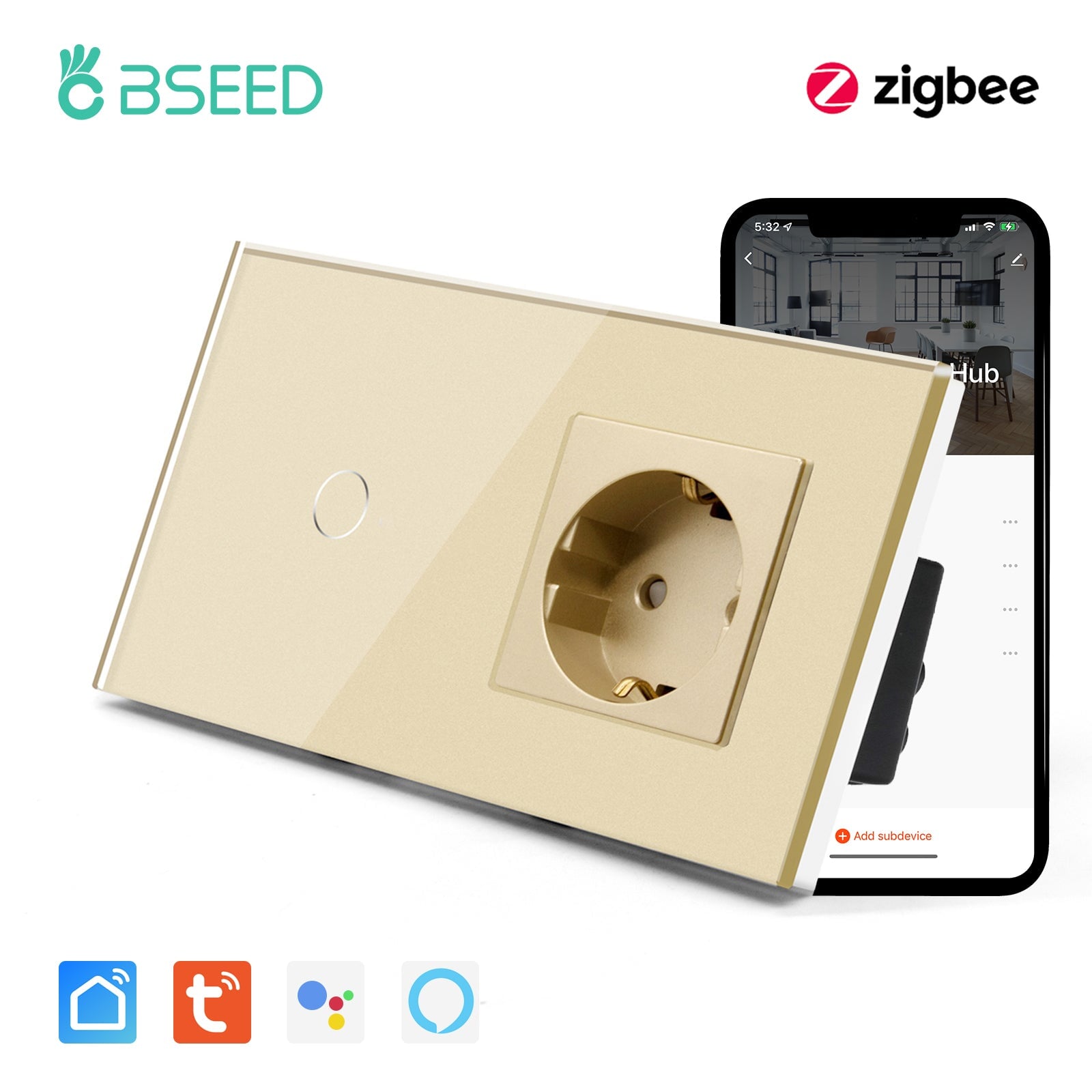 Bseed Zigbee 1/2/3 Gang Single Live Line Touch Switch EU Standard With Normal Socket Light Switches Bseedswitch Golden 1Gang 