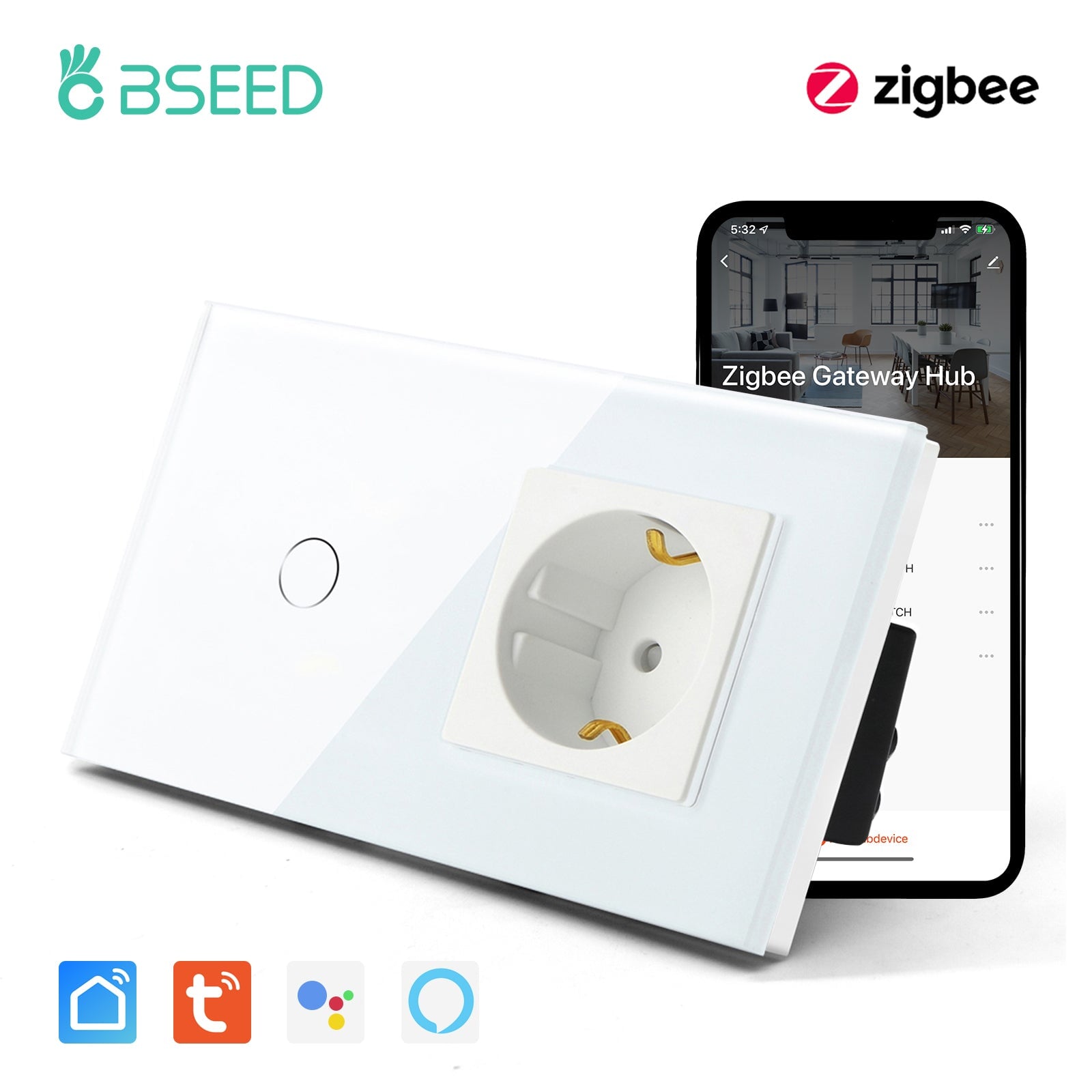 Bseed Zigbee 1/2/3 Gang Single Live Line Touch Switch EU Standard With Normal Socket Light Switches Bseedswitch White 1Gang 