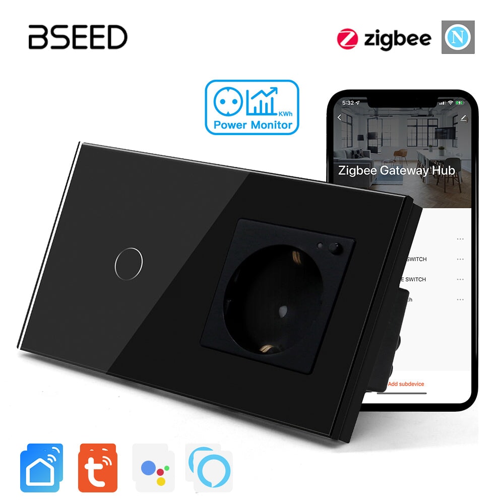 Bseed Zigbee Light Switch 1/2/3 Way With Zigbee Socket with Metering Light Switches Bseedswitch Black 1 Gang With Socket 