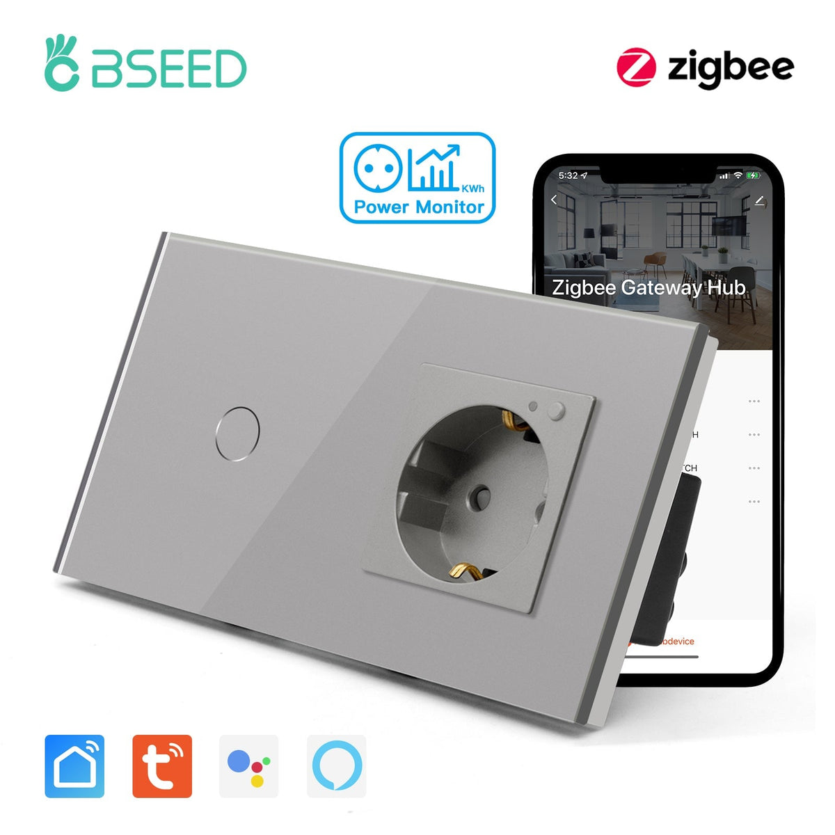 Bseed Zigbee Light Switch 1/2/3 Way With Zigbee Socket with Metering Light Switches Bseedswitch Grey 1 Gang With Socket 