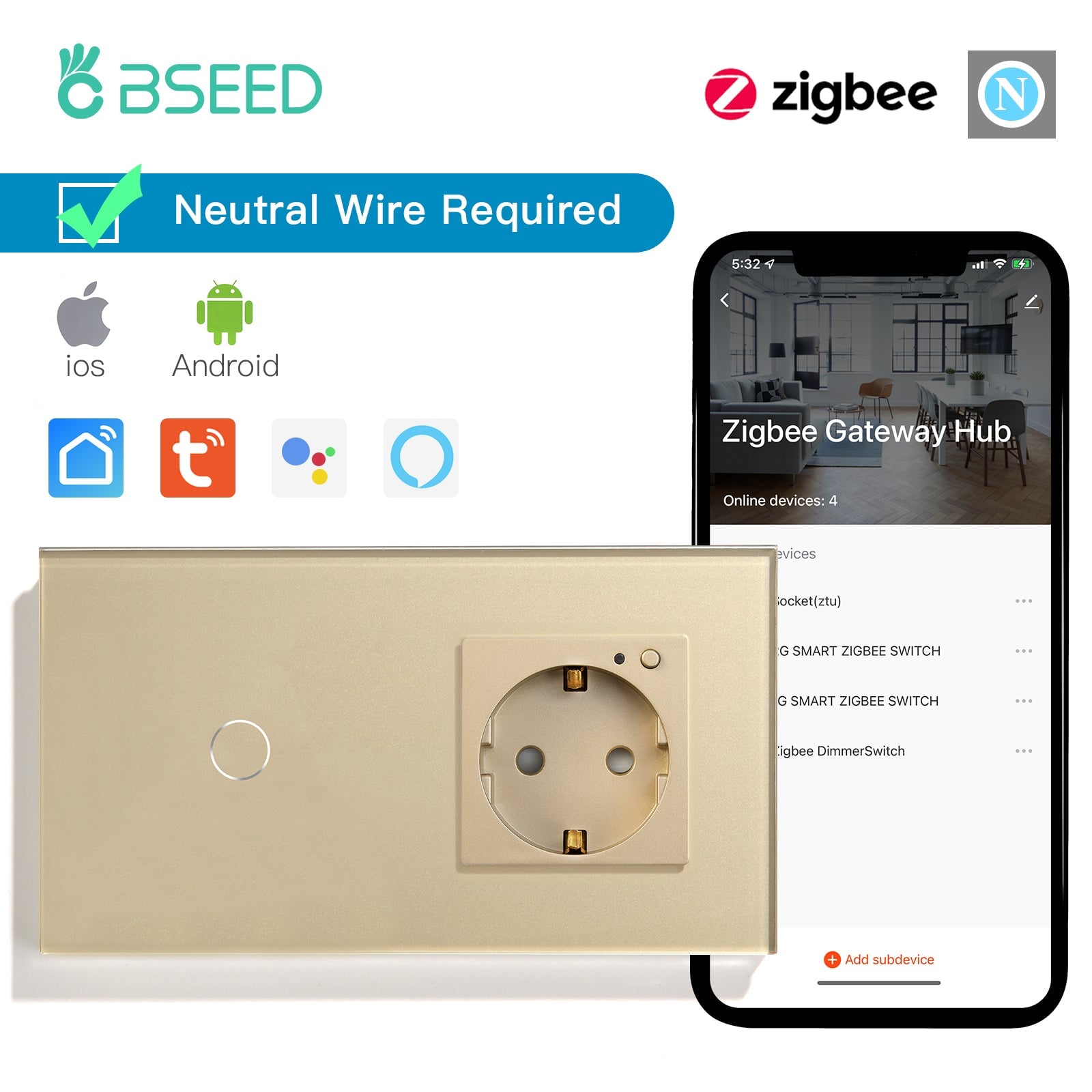 Bseed Zigbee 1/2/3 Light Switch 1/2/3 Way With Zigbee Socket Light Switches Bseedswitch Golden 1 Gang With Socket 