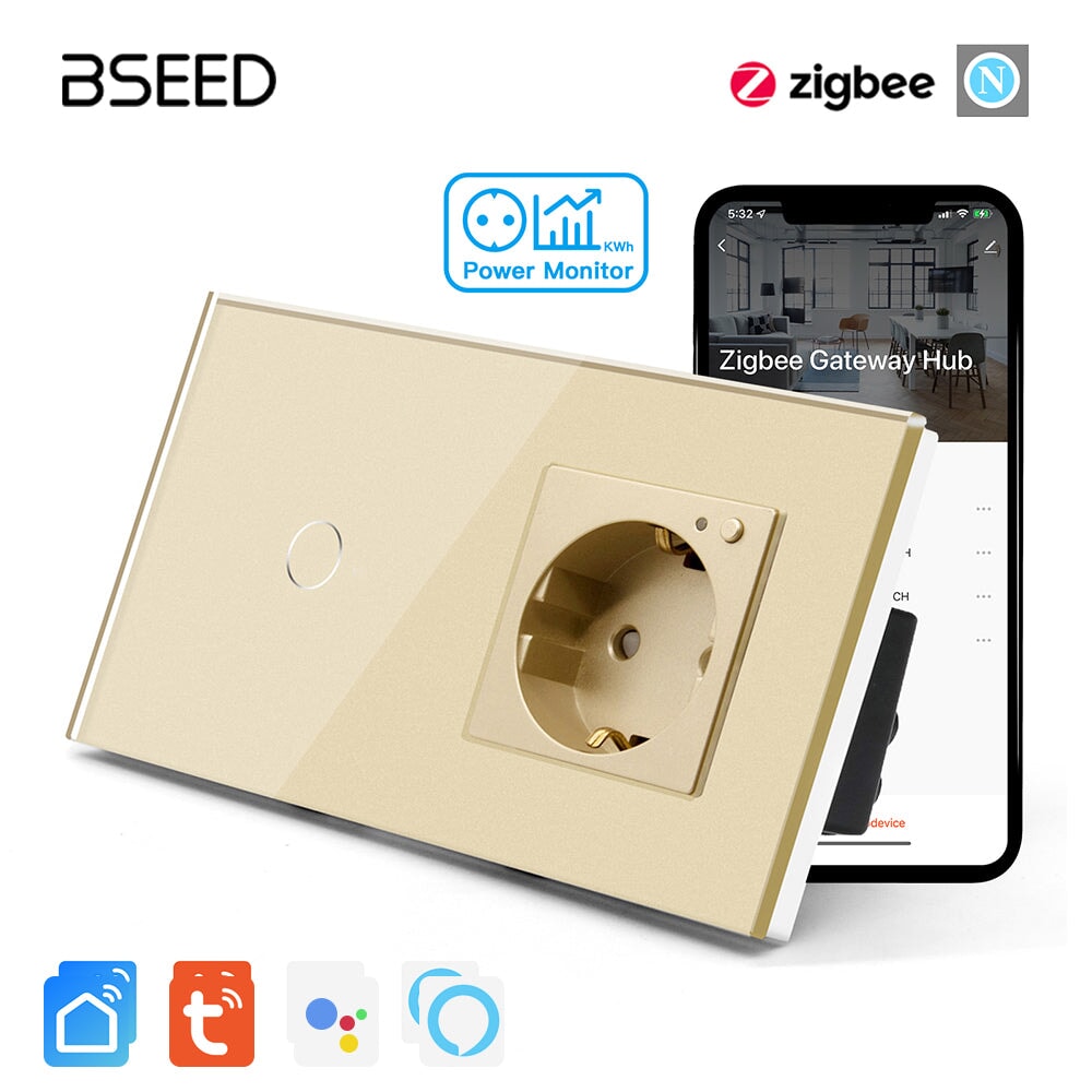 Bseed Zigbee Light Switch 1/2/3 Way With Zigbee Socket with Metering Light Switches Bseedswitch Golden 1 Gang With Socket 