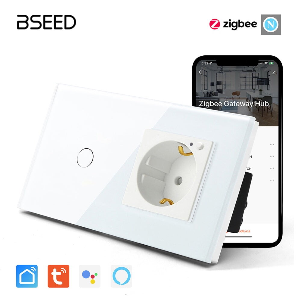 Bseed Zigbee 1/2/3 Light Switch 1/2/3 Way With Zigbee Socket Light Switches Bseedswitch White 1 Gang With Socket 