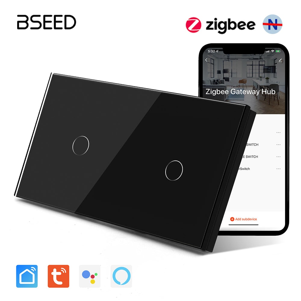 BSEED Double Zigbee Single Live Line Switch 1/2/3 Gang 1/2/3 Way Wall Smart Light Switch Single Live Line Light Switches Bseedswitch Black 1Gang+1Gang 