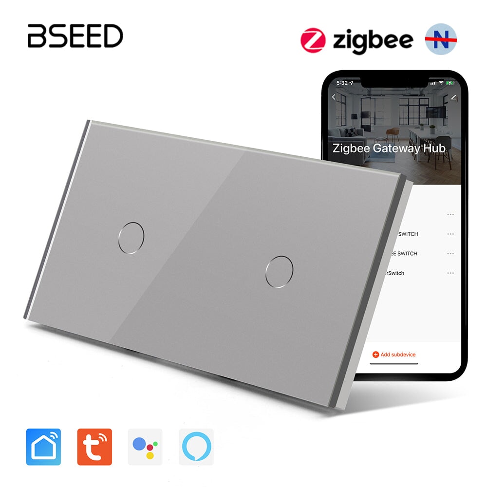 BSEED Double Zigbee Single Live Line Switch 1/2/3 Gang 1/2/3 Way Wall Smart Light Switch Single Live Line Light Switches Bseedswitch Grey 1Gang+1Gang 