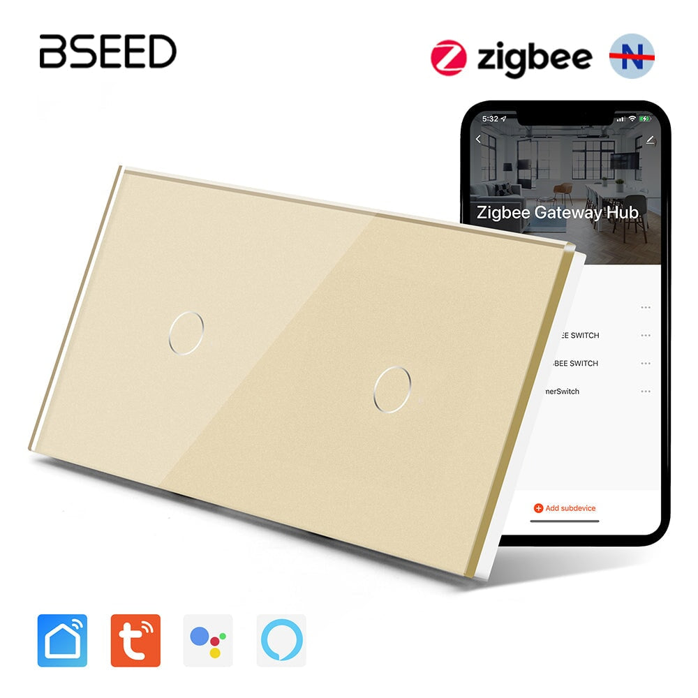 BSEED Double Zigbee Single Live Line Switch 1/2/3 Gang 1/2/3 Way Wall Smart Light Switch Single Live Line Light Switches Bseedswitch Golden 1Gang+1Gang 