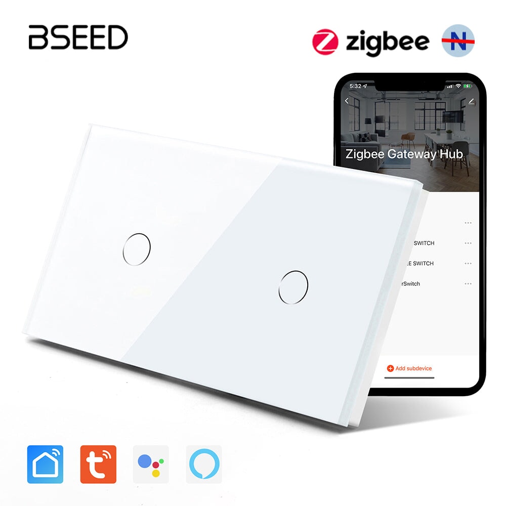 BSEED Double Zigbee Single Live Line Switch 1/2/3 Gang 1/2/3 Way Wall Smart Light Switch Single Live Line Light Switches Bseedswitch White 1Gang+1Gang 