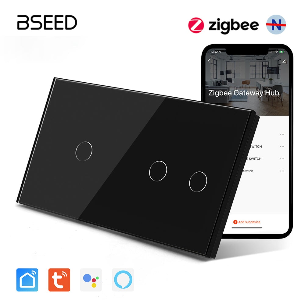 BSEED Double Zigbee Single Live Line Switch 1/2/3 Gang 1/2/3 Way Wall Smart Light Switch Single Live Line Light Switches Bseedswitch Black 1Gang+2Gang 