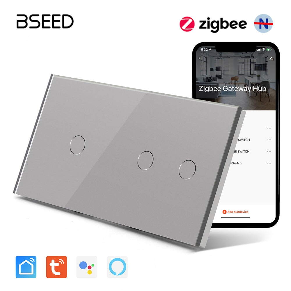 BSEED Double Zigbee Single Live Line Switch 1/2/3 Gang 1/2/3 Way Wall Smart Light Switch Single Live Line Light Switches Bseedswitch Grey 1Gang+2Gang 