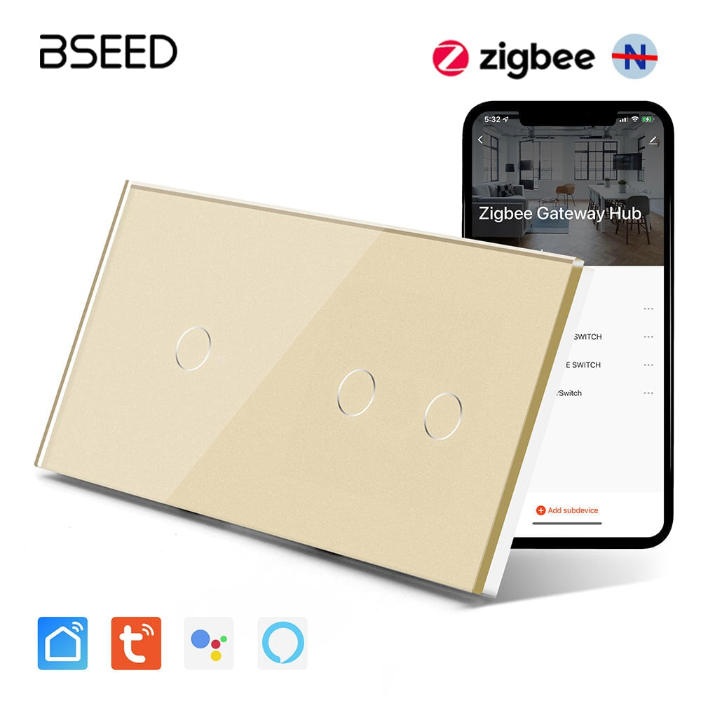 BSEED Double Zigbee Single Live Line Switch 1/2/3 Gang 1/2/3 Way Wall Smart Light Switch Single Live Line Light Switches Bseedswitch Golden 1Gang+2Gang 