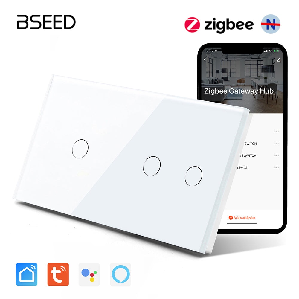 BSEED Double Zigbee Single Live Line Switch 1/2/3 Gang 1/2/3 Way Wall Smart Light Switch Single Live Line Light Switches Bseedswitch White 1Gang+2Gang 