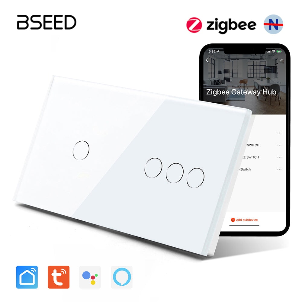 BSEED Double Zigbee Single Live Line Switch 1/2/3 Gang 1/2/3 Way Wall Smart Light Switch Single Live Line Light Switches Bseedswitch White 1Gang+3Gang 