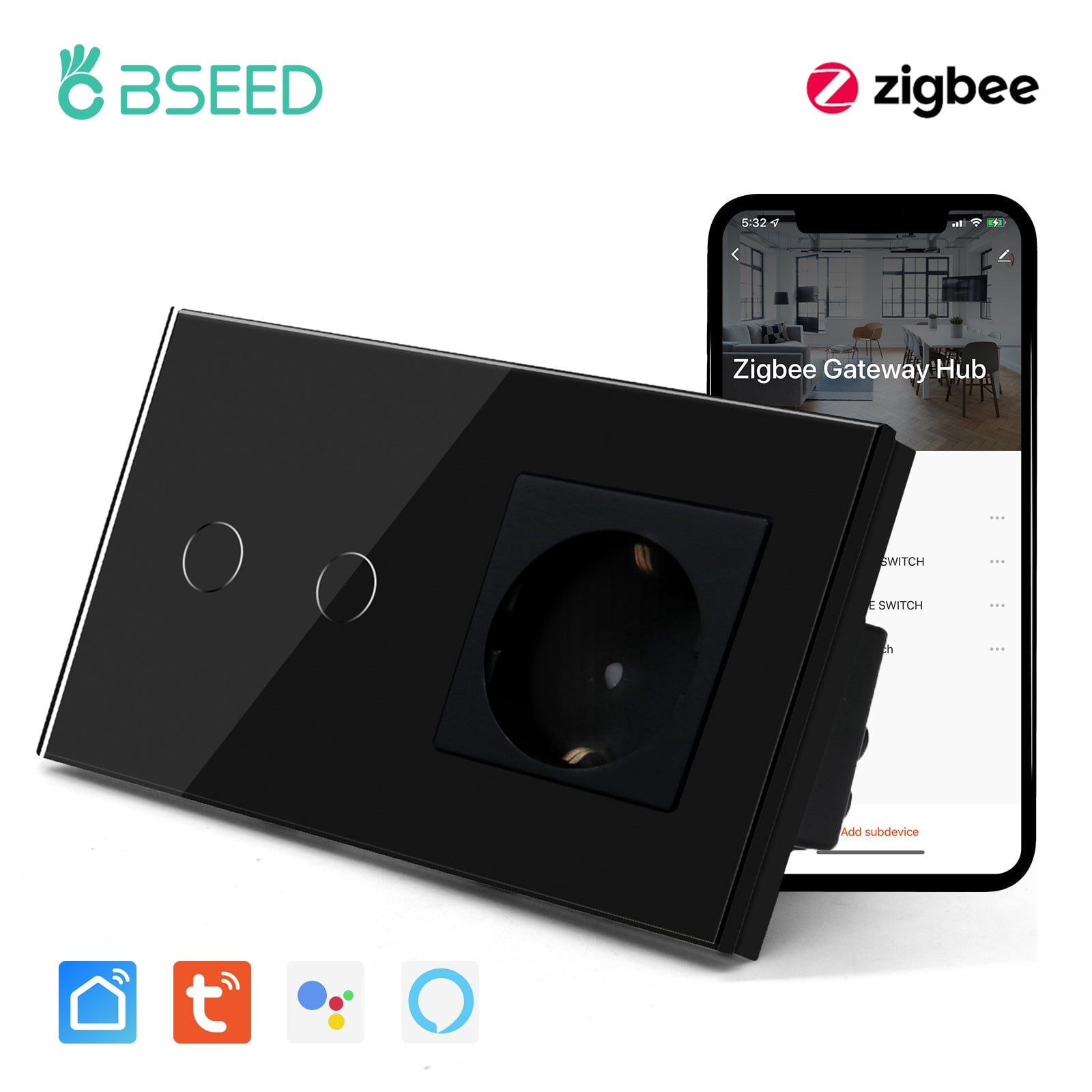 Bseed Zigbee 1/2/3 Gang Single Live Line Touch Switch EU Standard With Normal Socket Light Switches Bseedswitch Black 2Gang 