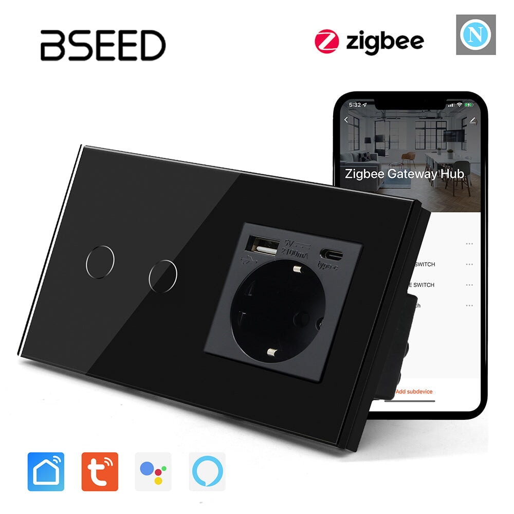 Bseed Zigbee 1/2/3 Light Switch 1/2/3 Way With EU Socket With USB and type-c Light Switches Bseedswitch Black 2 Gang 