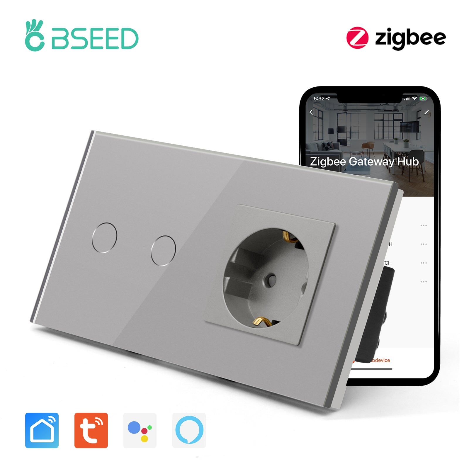 Bseed Zigbee 1/2/3 Gang Single Live Line Touch Switch EU Standard With Normal Socket Light Switches Bseedswitch Grey 2Gang 