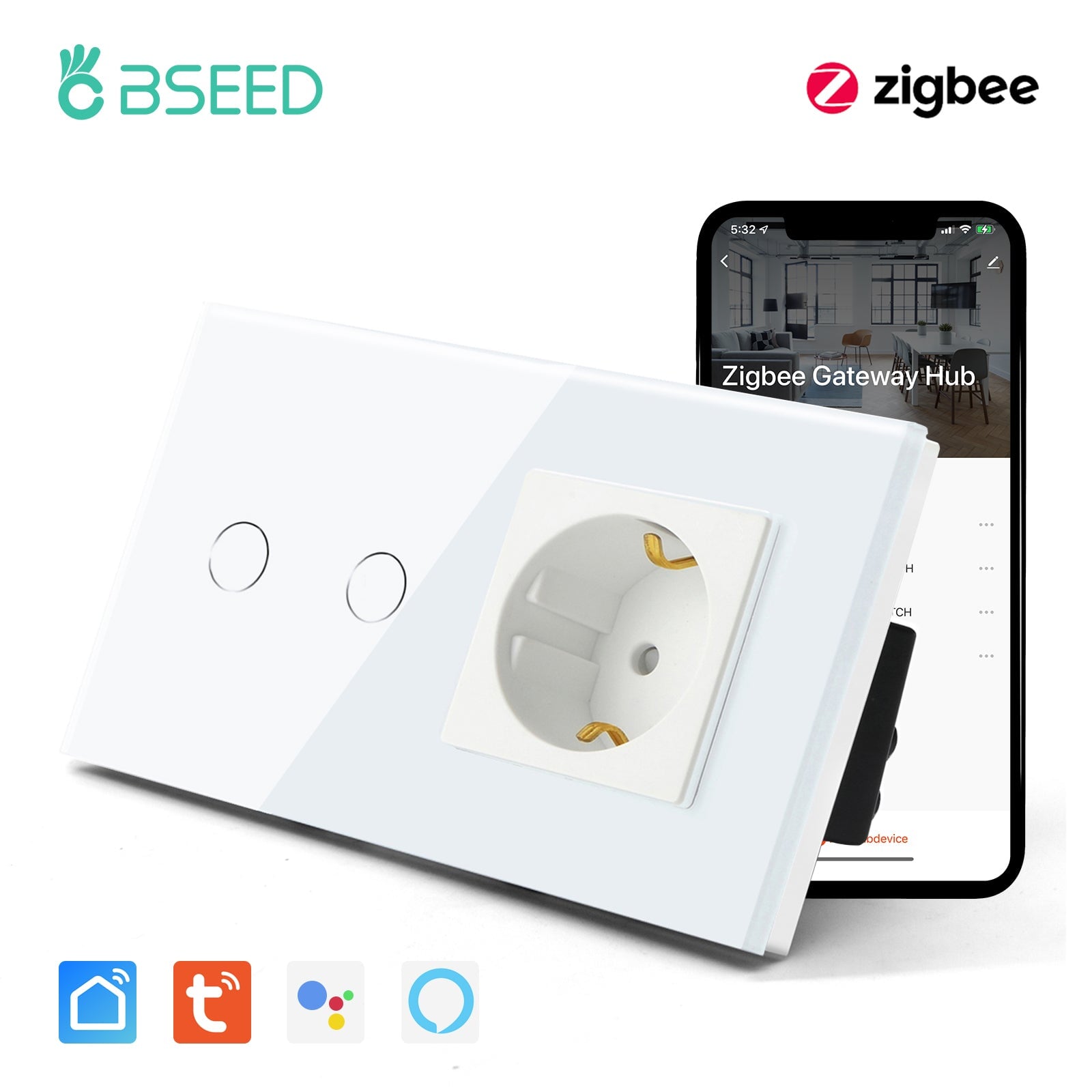 Bseed Zigbee 1/2/3 Gang Single Live Line Touch Switch EU Standard With Normal Socket Light Switches Bseedswitch White 2Gang 