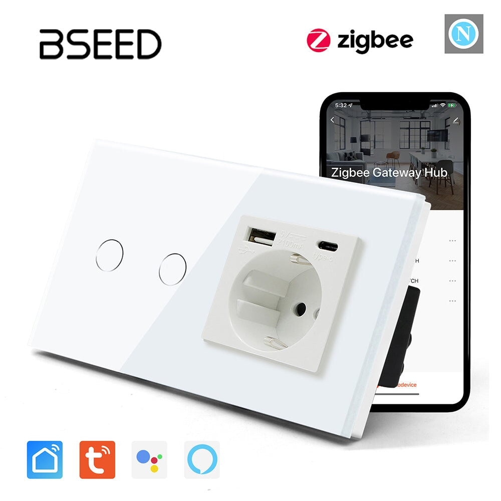 Bseed Zigbee 1/2/3 Light Switch 1/2/3 Way With EU Socket With USB and type-c Light Switches Bseedswitch White 2 Gang 