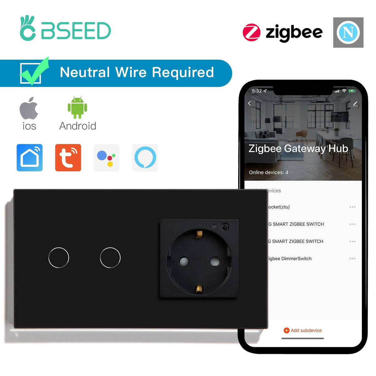 Bseed Zigbee 1/2/3 Light Switch 1/2/3 Way With Zigbee Socket Light Switches Bseedswitch Black 2 Gang With Socket 