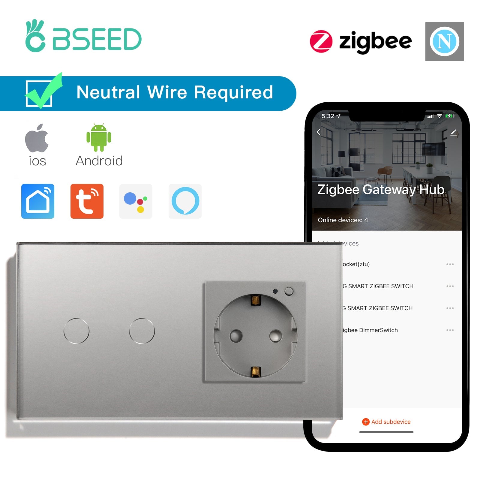 Bseed Zigbee 1/2/3 Light Switch 1/2/3 Way With Zigbee Socket Light Switches Bseedswitch Grey 2 Gang With Socket 