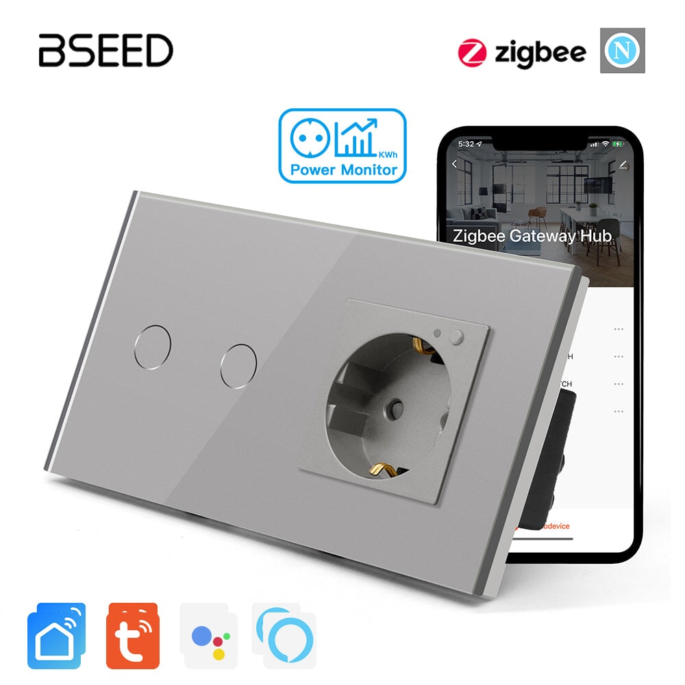 Bseed Zigbee Light Switch 1/2/3 Way With Zigbee Socket with Metering Light Switches Bseedswitch Grey 2 Gang With Socket 