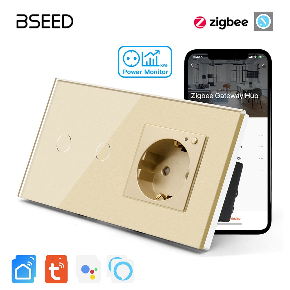 Bseed Zigbee Light Switch 1/2/3 Way With Zigbee Socket with Metering Light Switches Bseedswitch Golden 2 Gang With Socket 