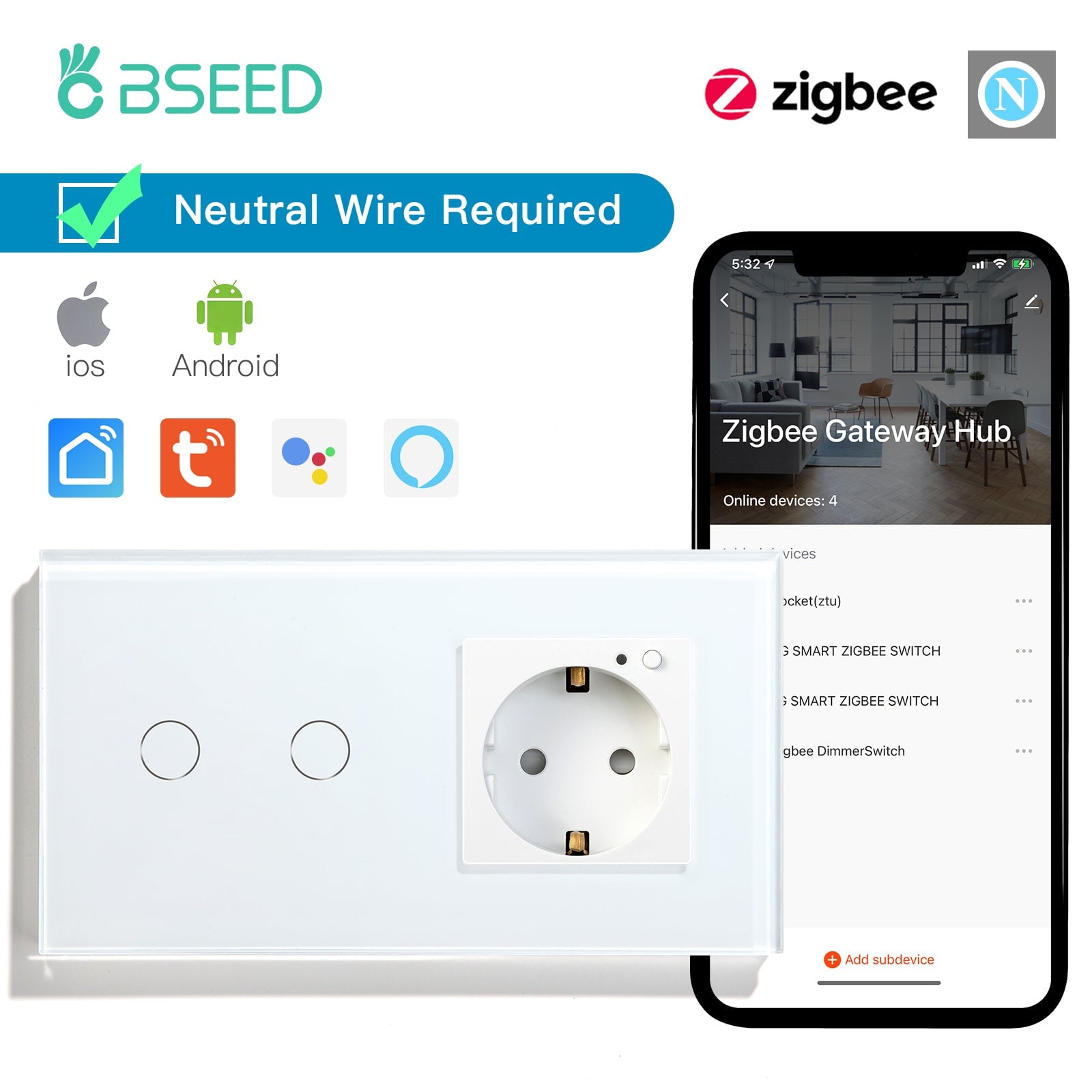 Bseed Zigbee 1/2/3 Light Switch 1/2/3 Way With Zigbee Socket Light Switches Bseedswitch White 2 Gang With Socket 