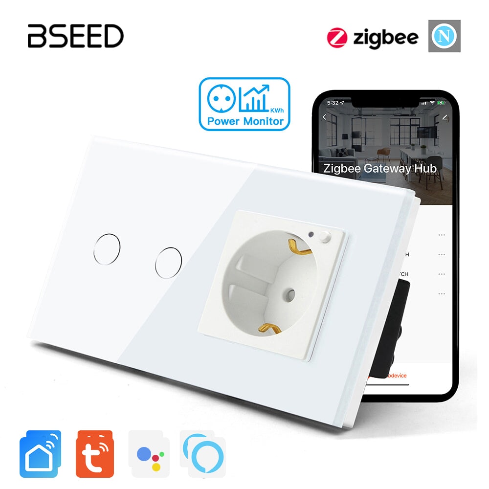 Bseed Zigbee Light Switch 1/2/3 Way With Zigbee Socket with Metering Light Switches Bseedswitch White 2 Gang With Socket 