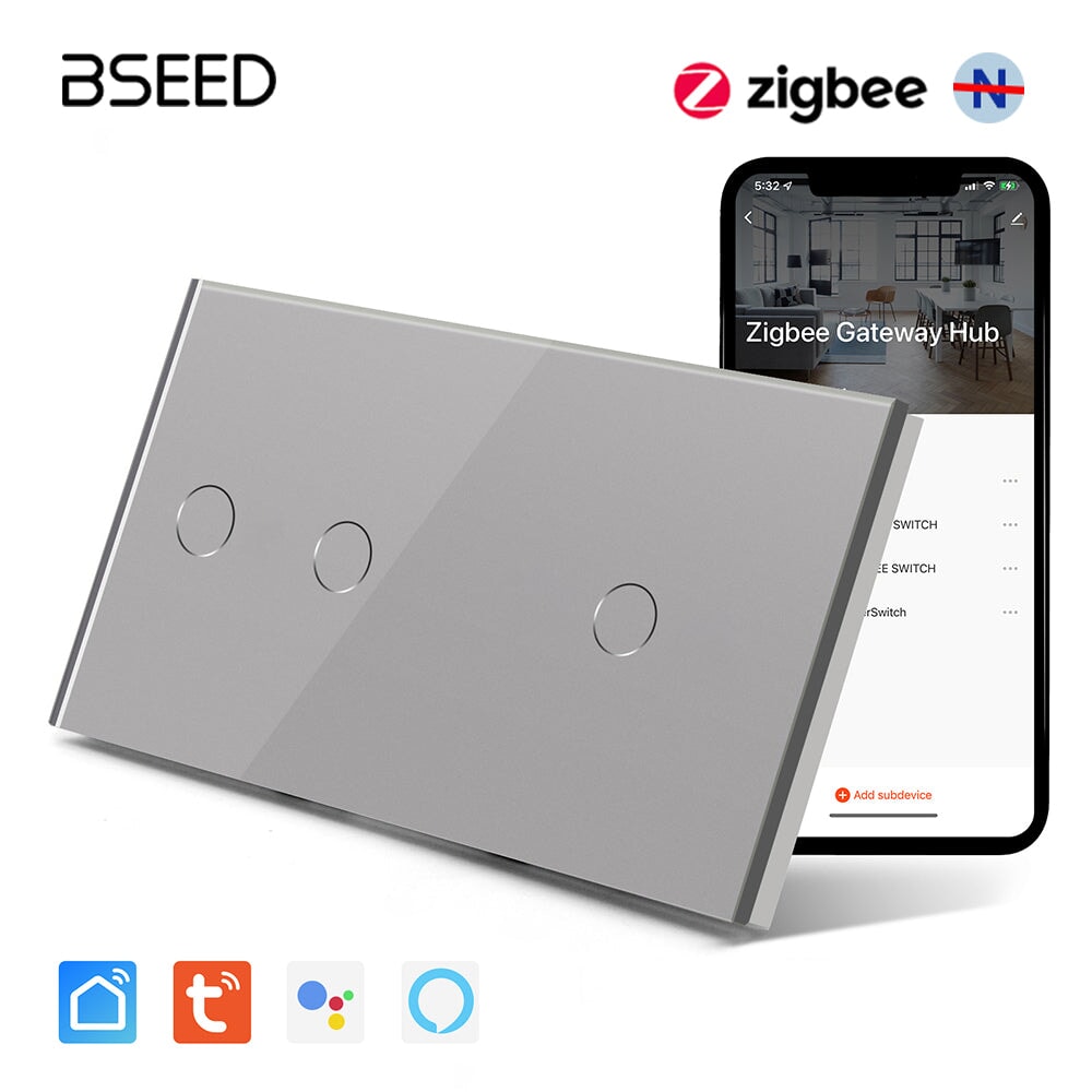 BSEED Double Zigbee Single Live Line Switch 1/2/3 Gang 1/2/3 Way Wall Smart Light Switch Single Live Line Light Switches Bseedswitch Grey 2Gang+1Gang 