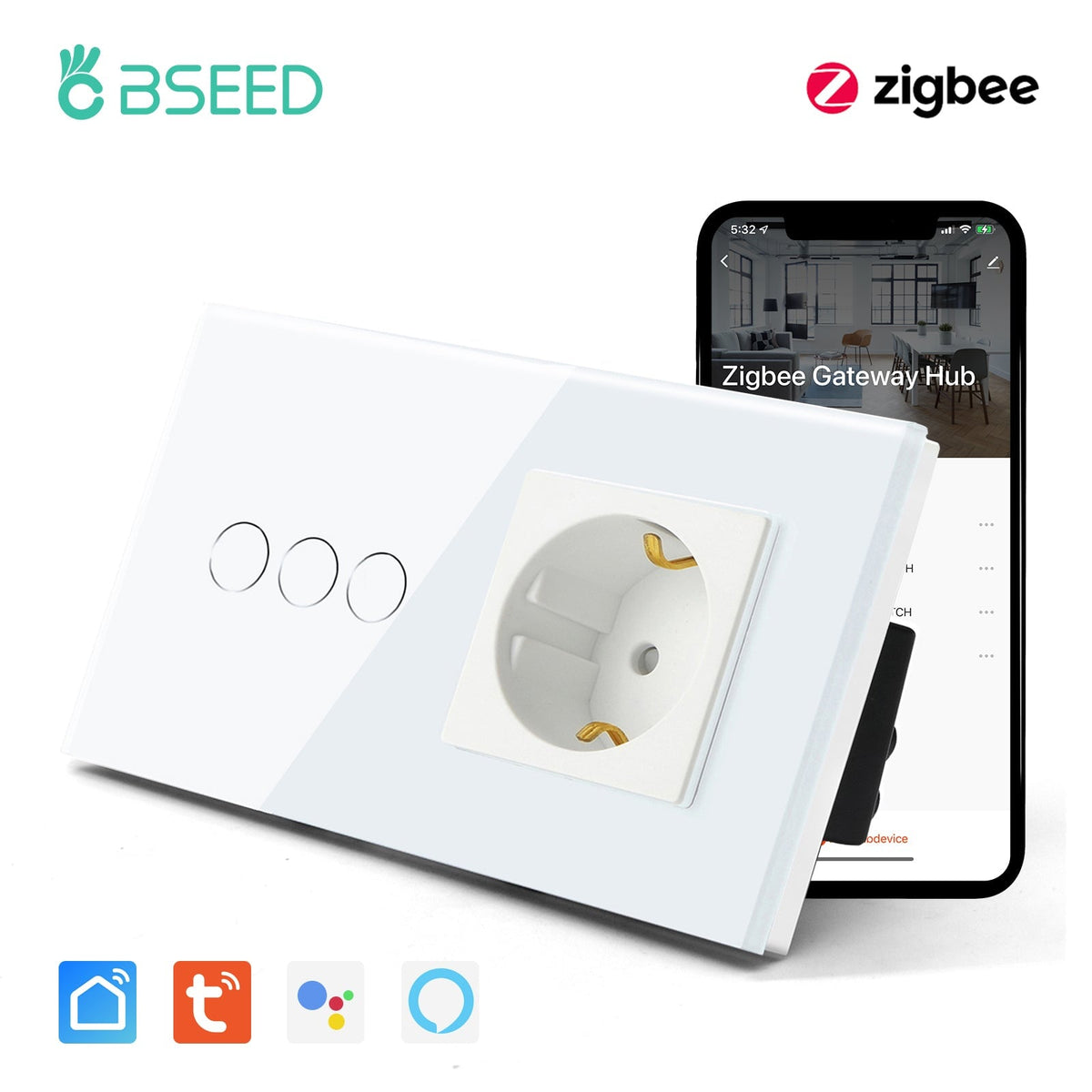 Bseed Zigbee 1/2/3 Gang Single Live Line Touch Switch EU Standard With Normal Socket Light Switches Bseedswitch White 3Gang 