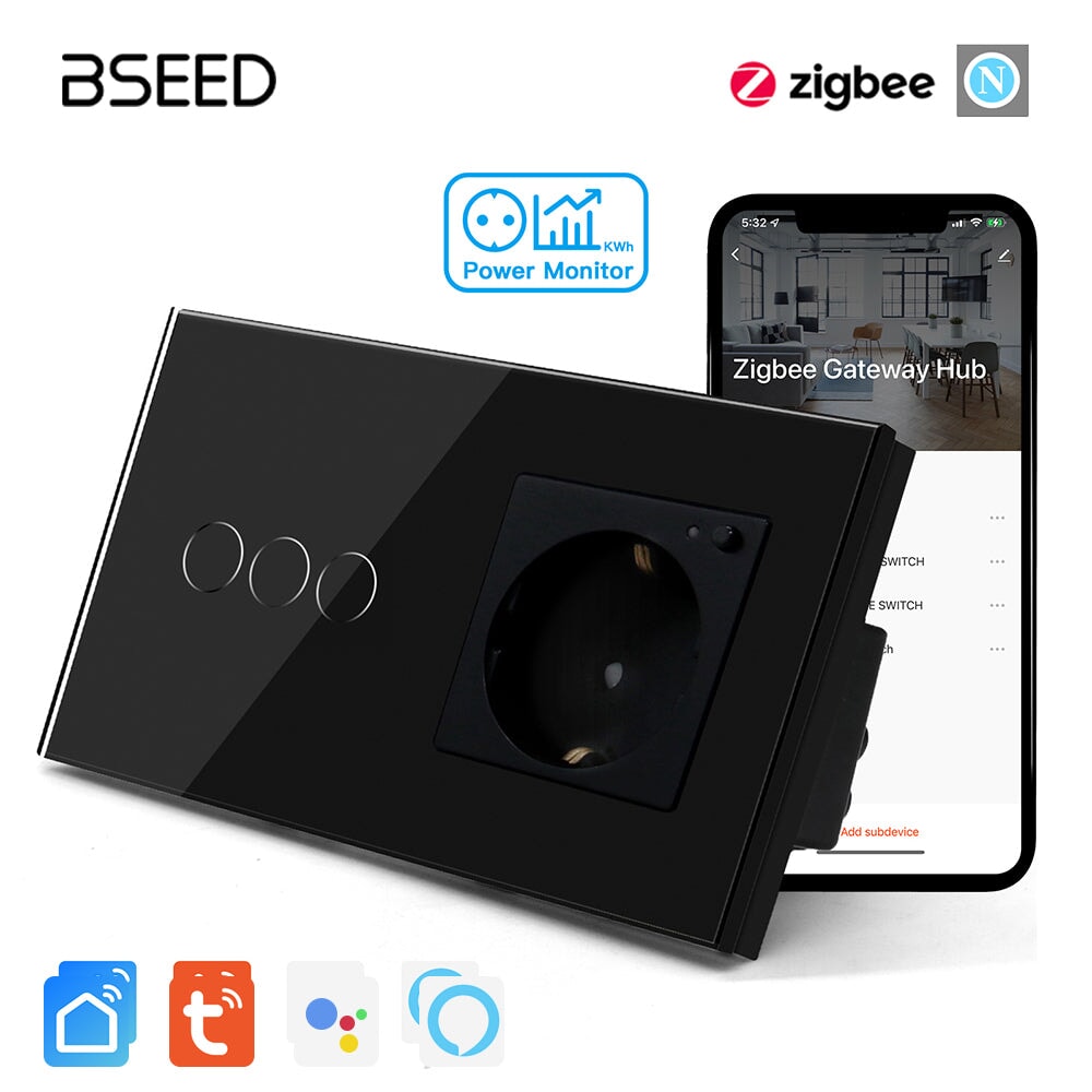 Bseed Zigbee Light Switch 1/2/3 Way With Zigbee Socket with Metering Light Switches Bseedswitch Black 3 Gang With Socket 