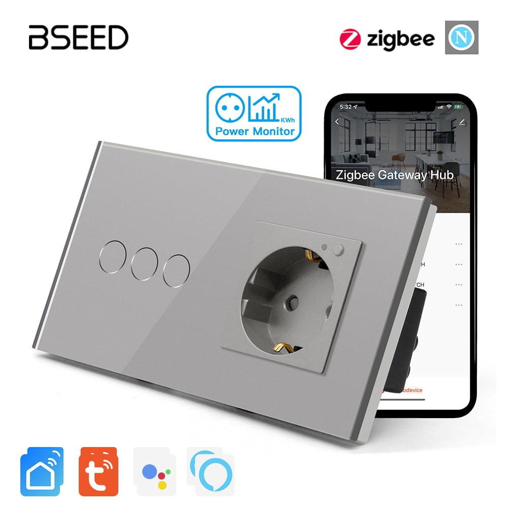 Bseed Zigbee Light Switch 1/2/3 Way With Zigbee Socket with Metering Light Switches Bseedswitch Grey 3 Gang With Socket 