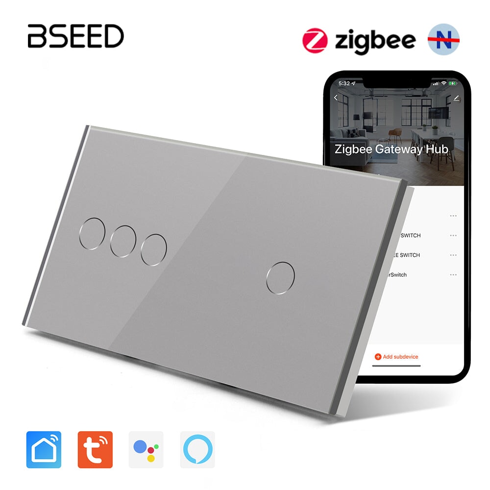 BSEED Double Zigbee Single Live Line Switch 1/2/3 Gang 1/2/3 Way Wall Smart Light Switch Single Live Line Light Switches Bseedswitch Grey 3Gang+1Gang 