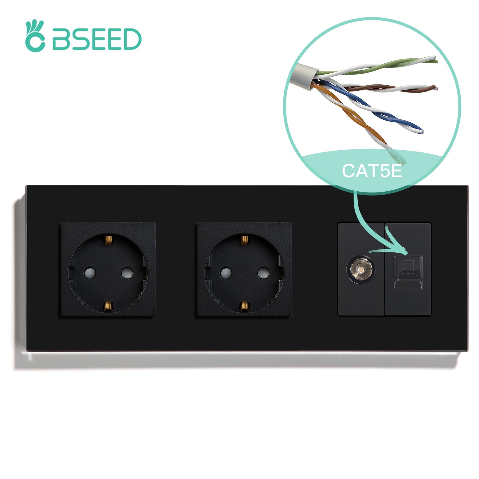 BSEED EU Standard Wall Socket With TV PC Socket Crystal Glass Panel Power Outlets & Sockets Bseedswitch Black 228mm 