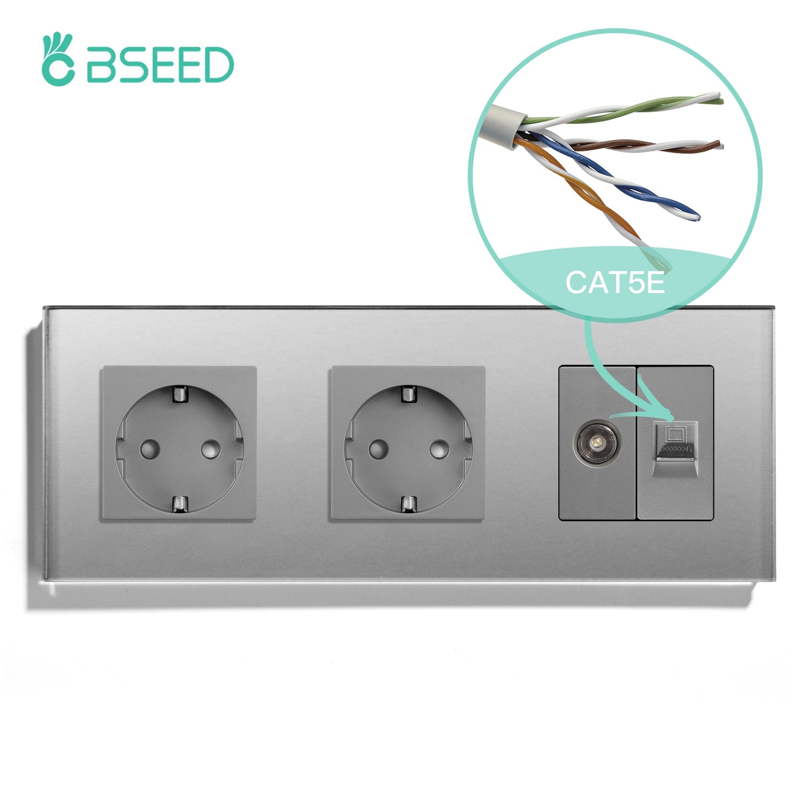 BSEED EU Standard Wall Socket With TV PC Socket Crystal Glass Panel Power Outlets & Sockets Bseedswitch Grey 228mm 