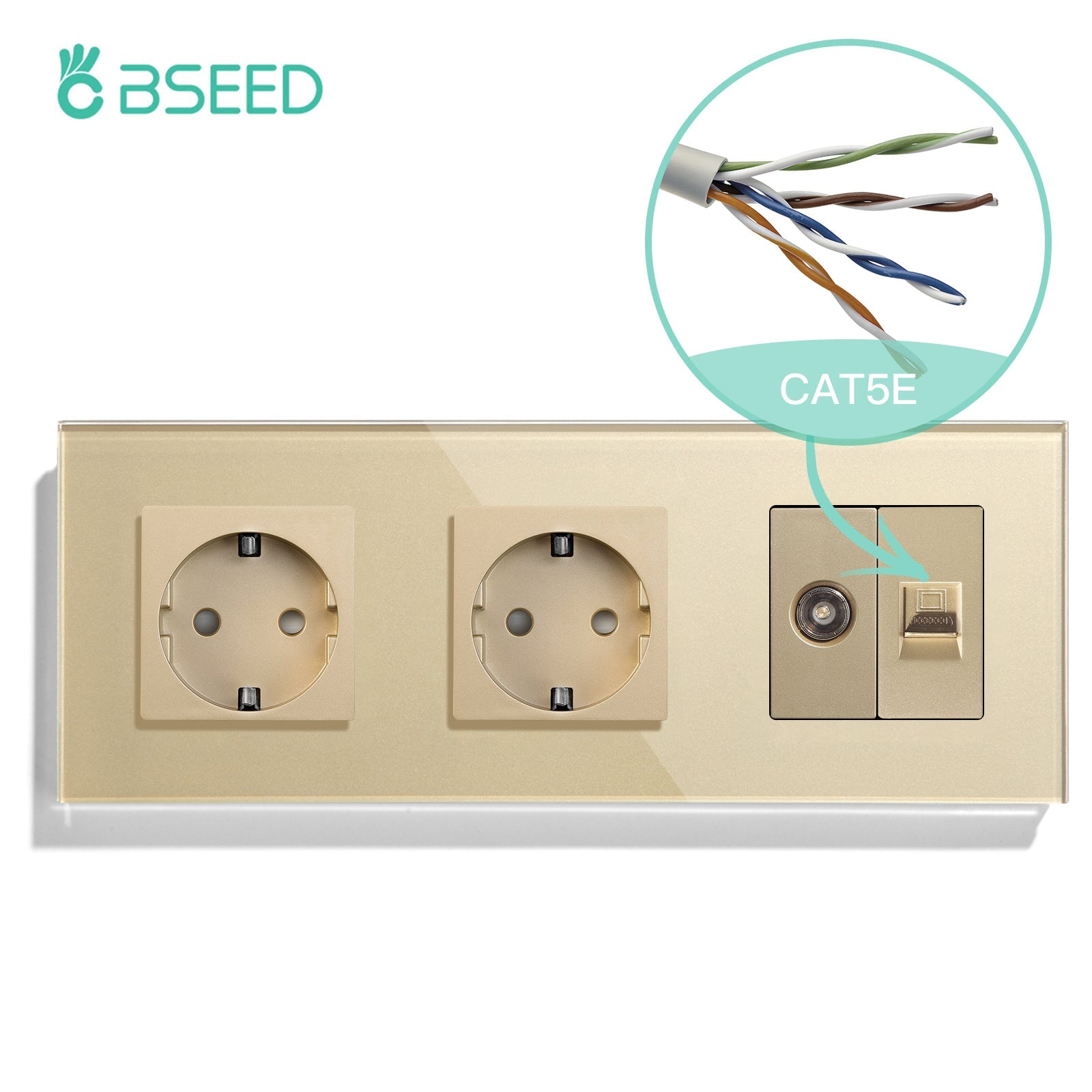 BSEED EU Standard Wall Socket With TV PC Socket Crystal Glass Panel Power Outlets & Sockets Bseedswitch Golden 228mm 