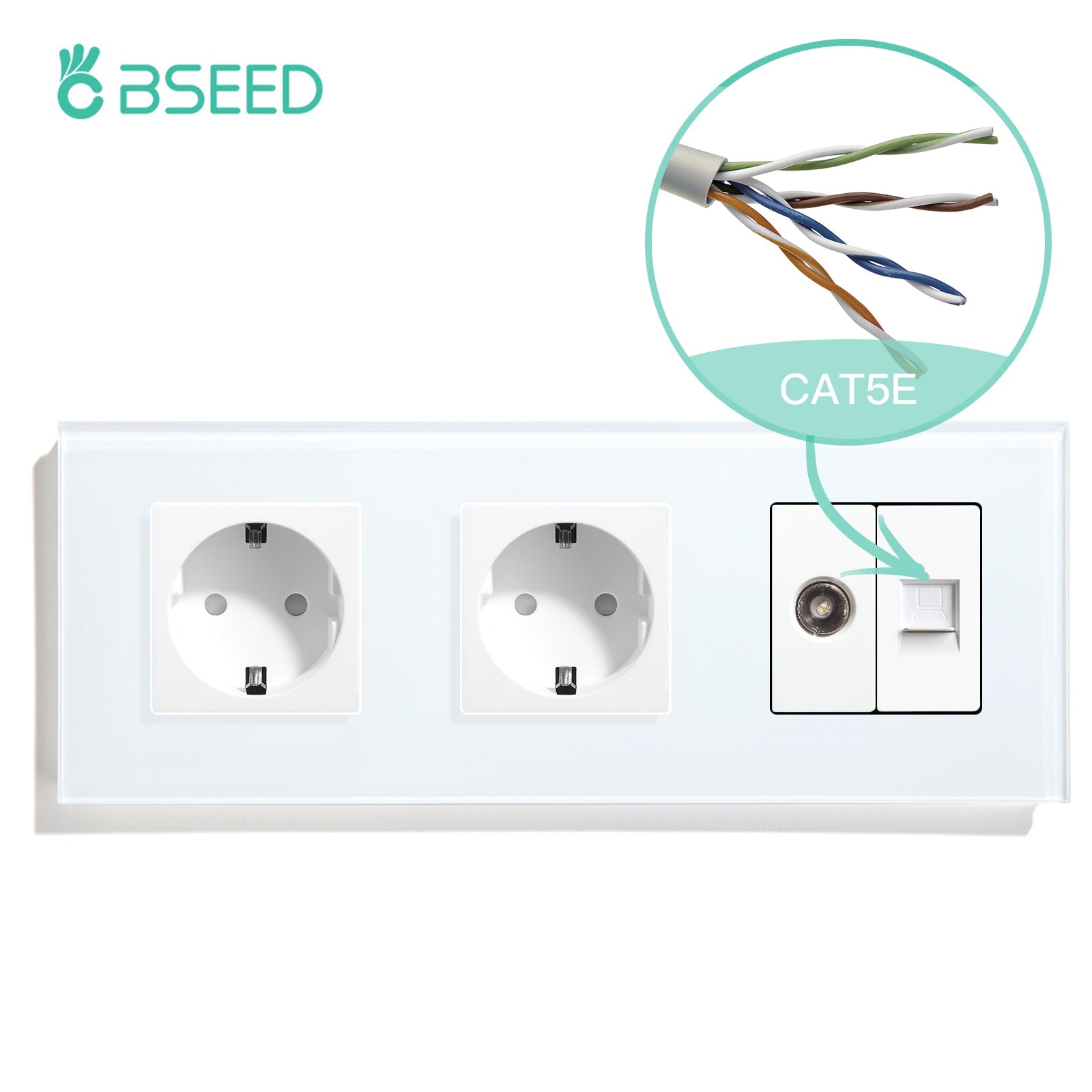 BSEED EU Standard Wall Socket With TV PC Socket Crystal Glass Panel Power Outlets & Sockets Bseedswitch White 228mm 